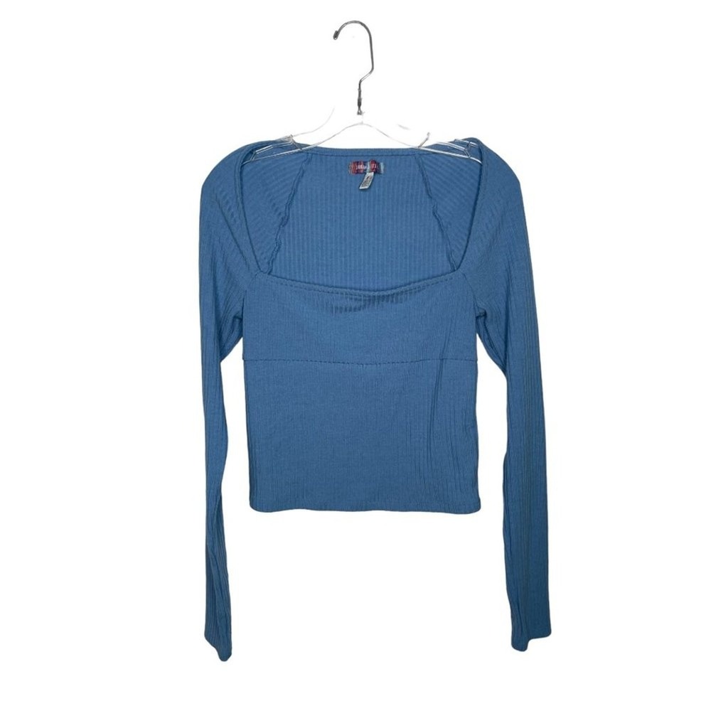 Urban Outfitters Blue Ribbed Knit Square Neck Long Sleeve Cropped Top Large